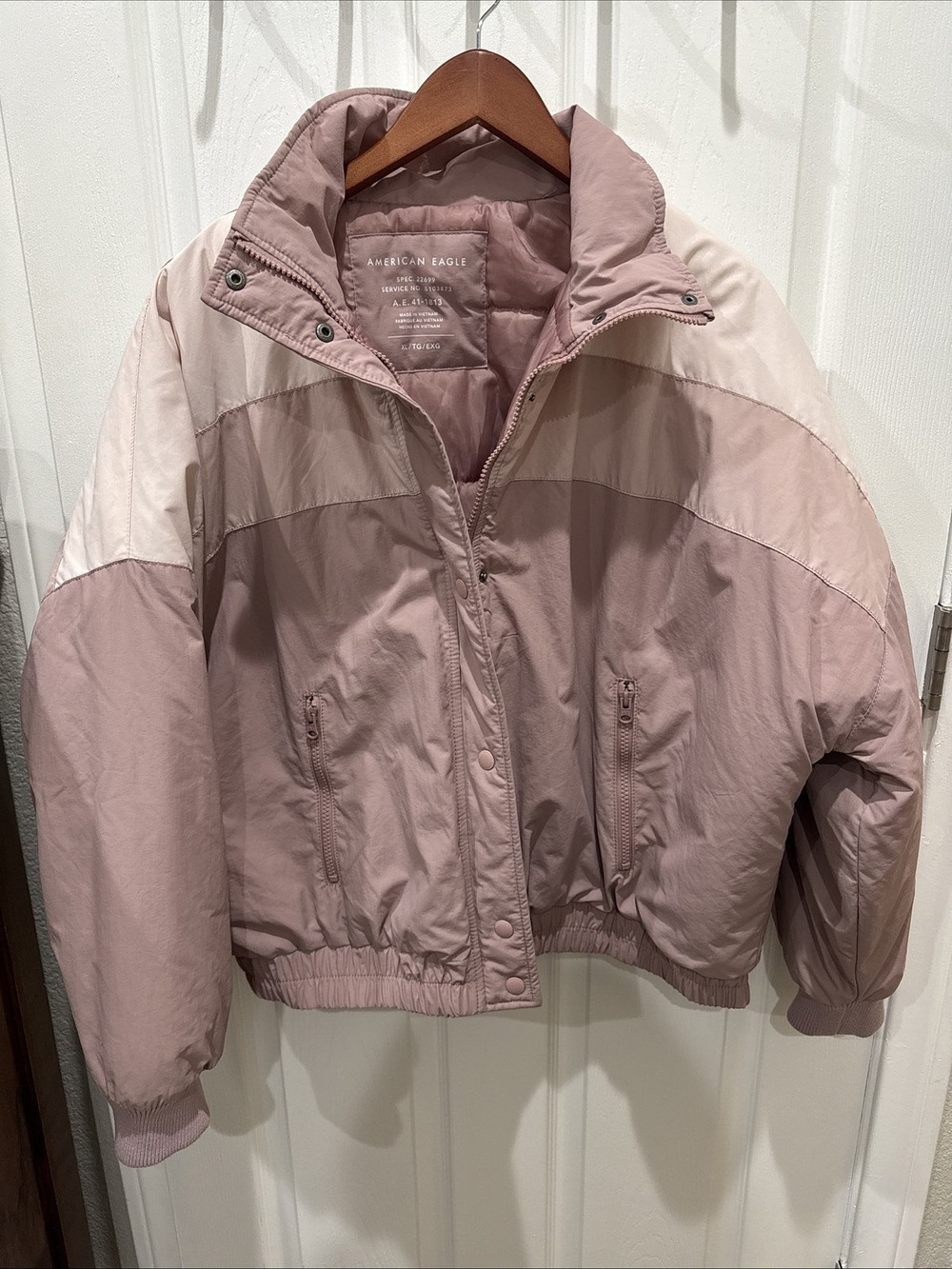 American Eagle Dusty Rose Pink Tri-Color Zip Puffer Jacket Women’s Size XL